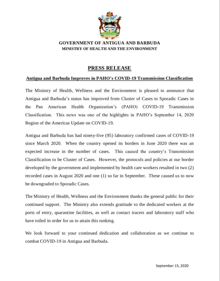 Antigua and Barbuda Improves in PAHO’s COVID19 Transmission